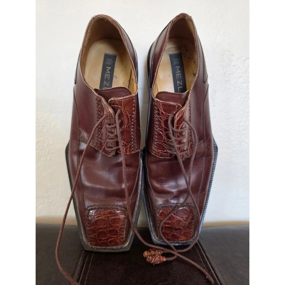 Mezlan Crocodile Brown Leatger Preppy Old Money Maximalist Square Toe Shoes sz8